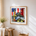 Firefighter gear and american flag cross stitch artwork displayed on wall as home decor