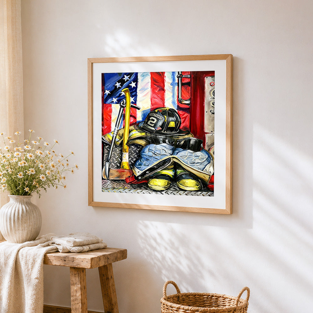 Firefighter gear and american flag cross stitch artwork displayed on wall as home decor