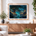 Finished firefly waterfall and ancient tree cross stitch artwork displayed