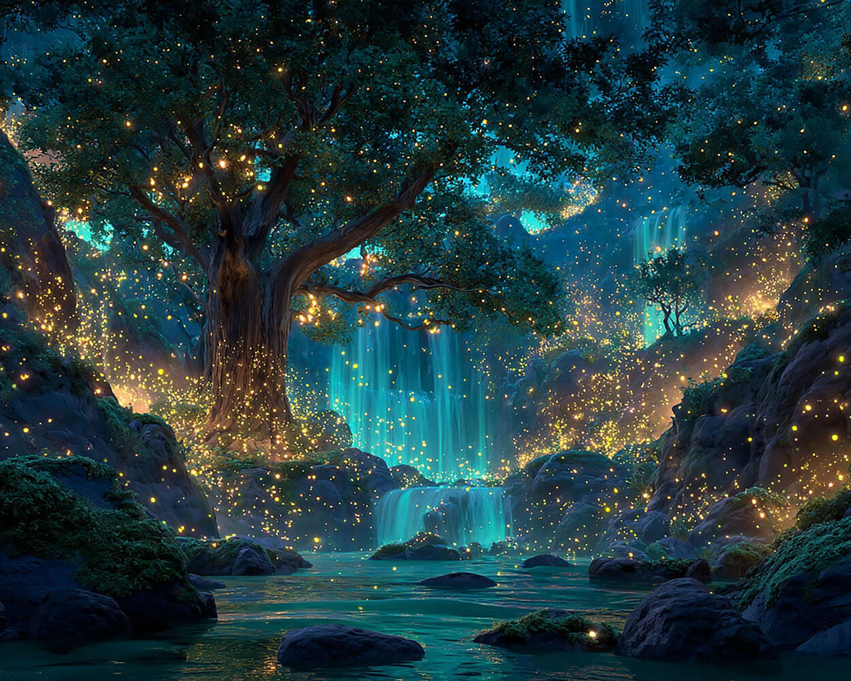 Firefly waterfall and ancient tree cross stitch kit for beginners