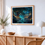 Firefly waterfall and ancient tree cross stitch artwork displayed on wall as home decor