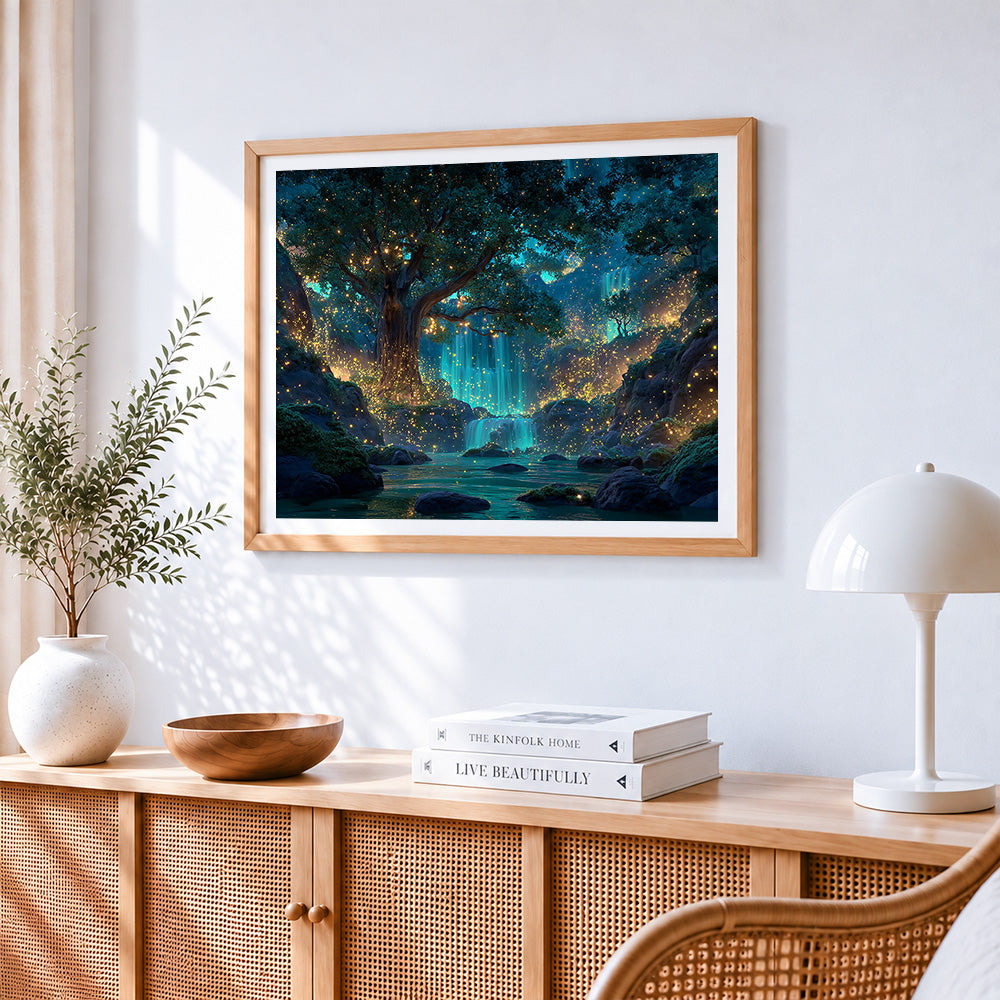 Firefly waterfall and ancient tree cross stitch artwork displayed on wall as home decor