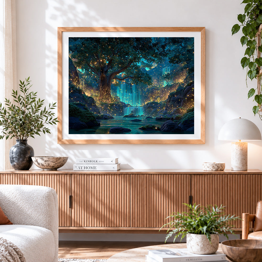 Finished firefly waterfall and ancient tree paint by numbers artwork displayed as home decor