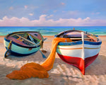 Fishing boats on the beach cross stitch kit for beginners