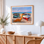 Fishing boats on the beach cross stitch artwork displayed on wall as home decor