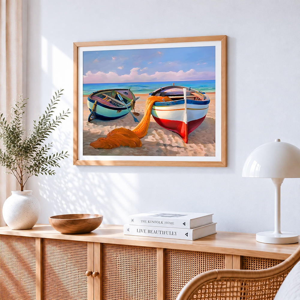 Fishing boats on the beach cross stitch artwork displayed on wall as home decor