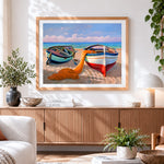 Finished fishing boats on the beach paint by numbers artwork displayed as home decor
