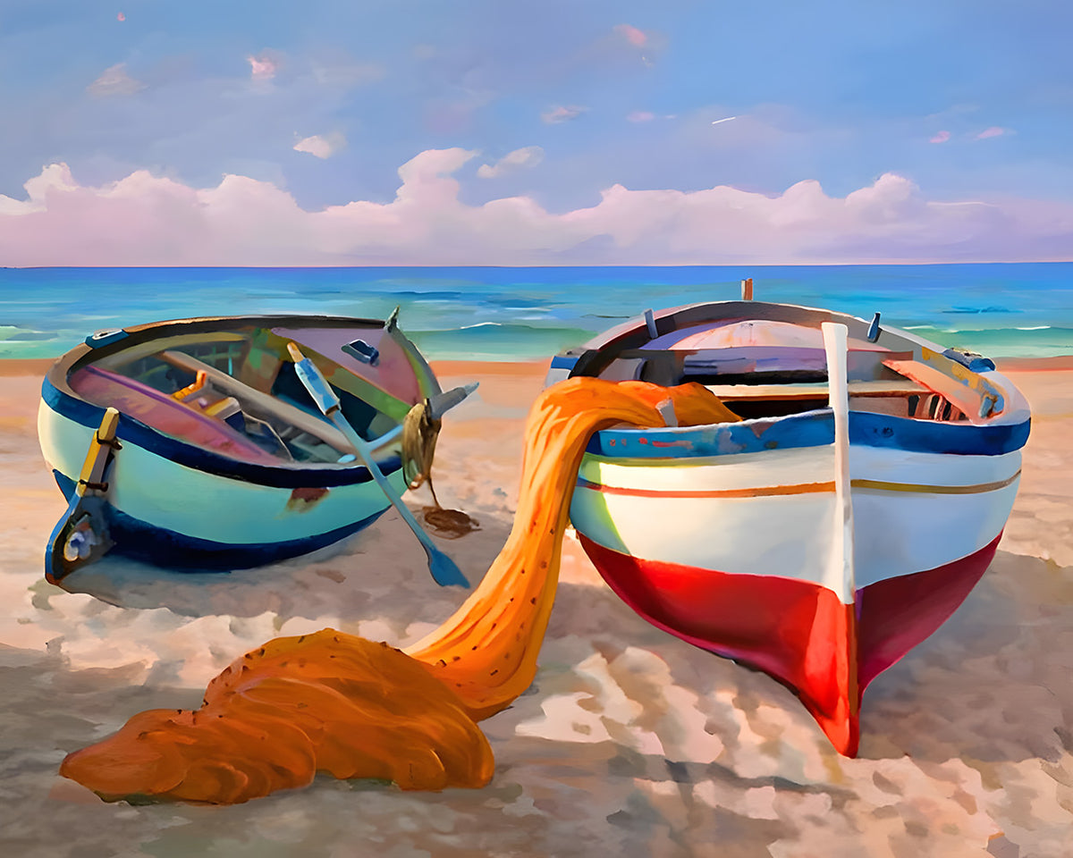 Fishing boats on the beach paint by numbers kit for beginners