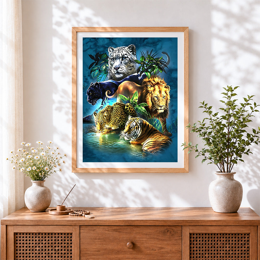 Finished five great beasts of the jungle cross stitch artwork displayed