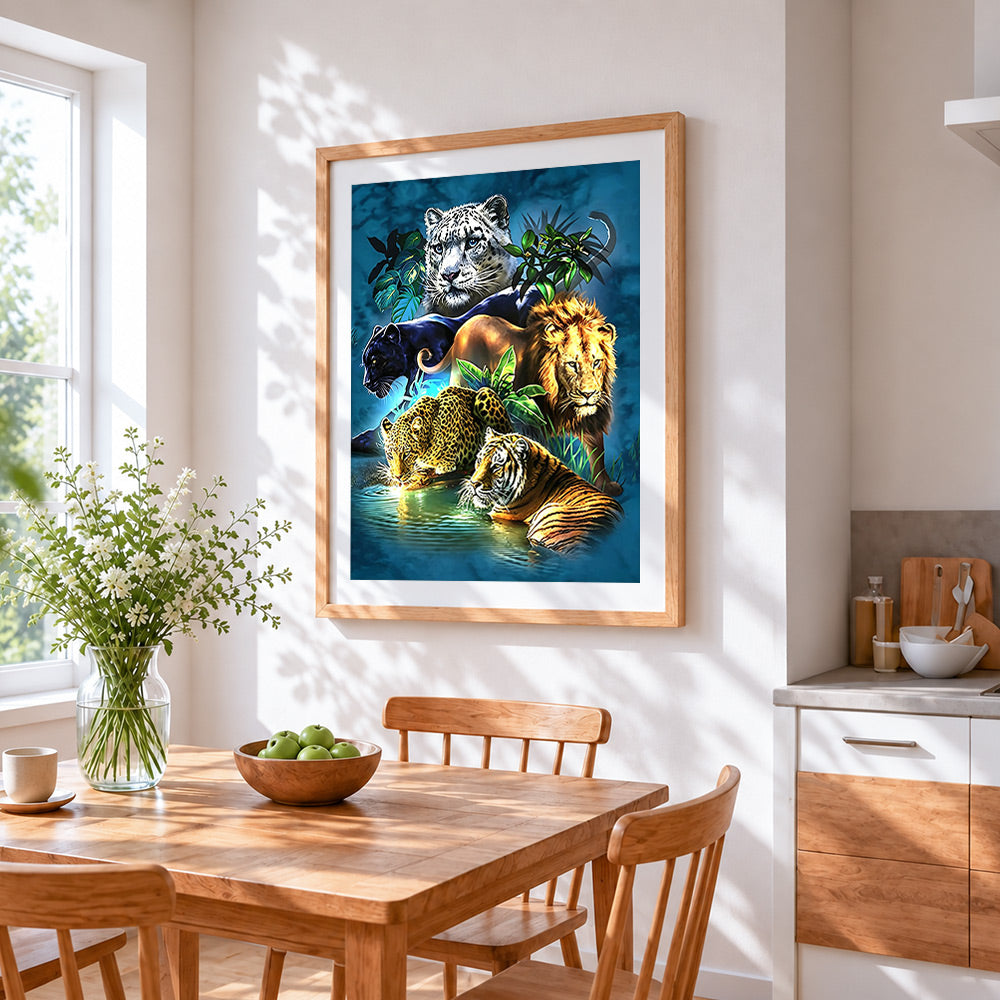 Five great beasts of the jungle cross stitch artwork displayed on wall as home decor