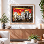 Finished five owls on a branch cross stitch artwork displayed