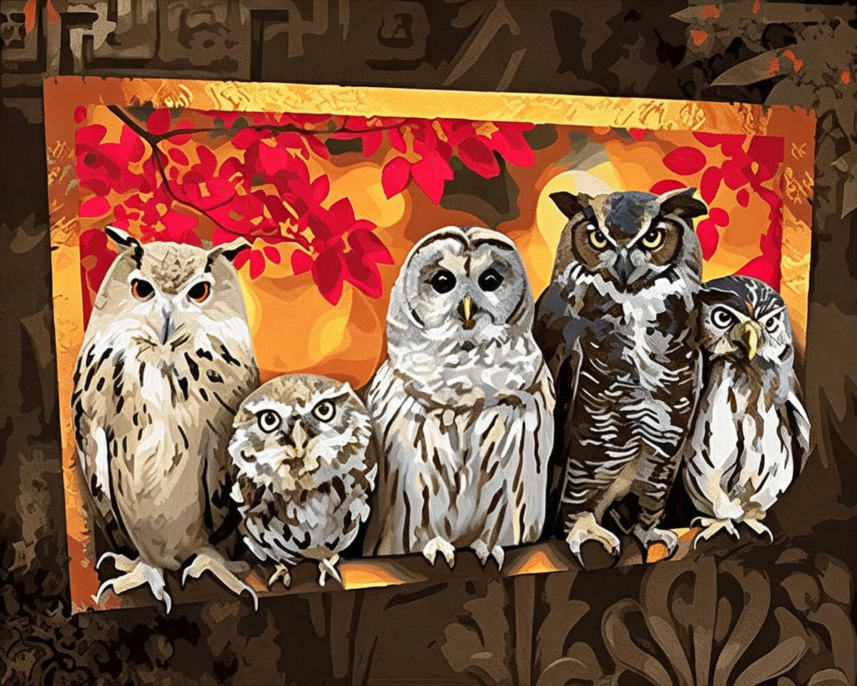 Five owls on a branch cross stitch kit for beginners