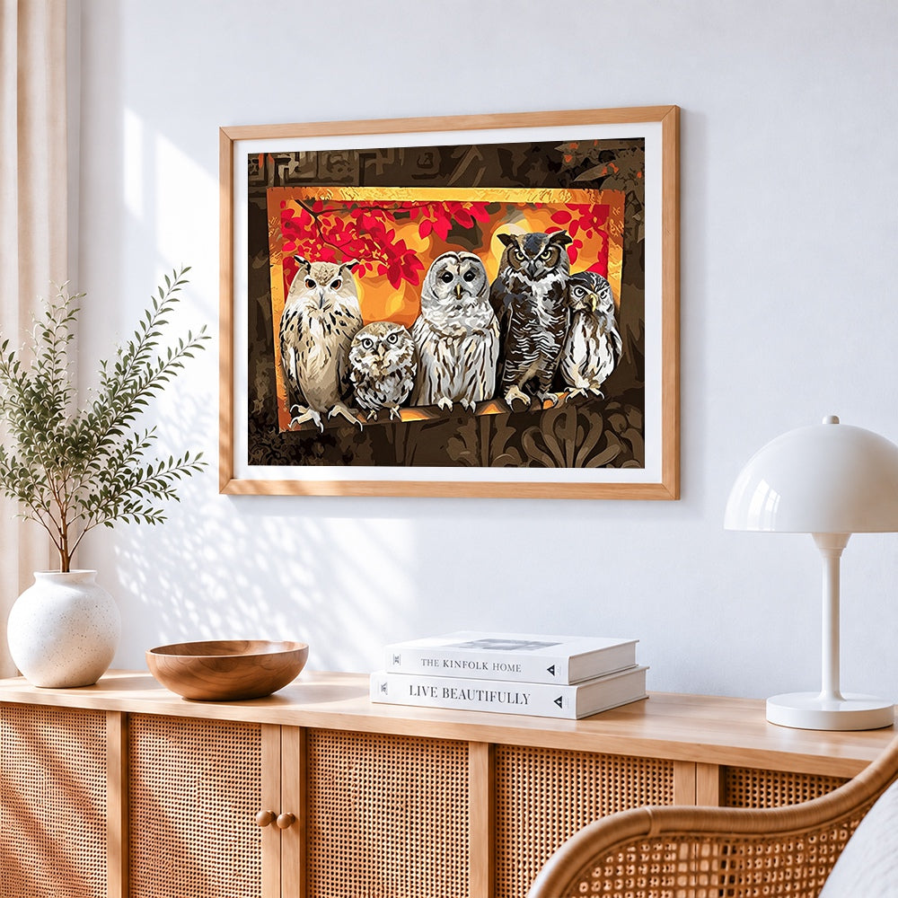 Five owls on a branch cross stitch artwork displayed on wall as home decor