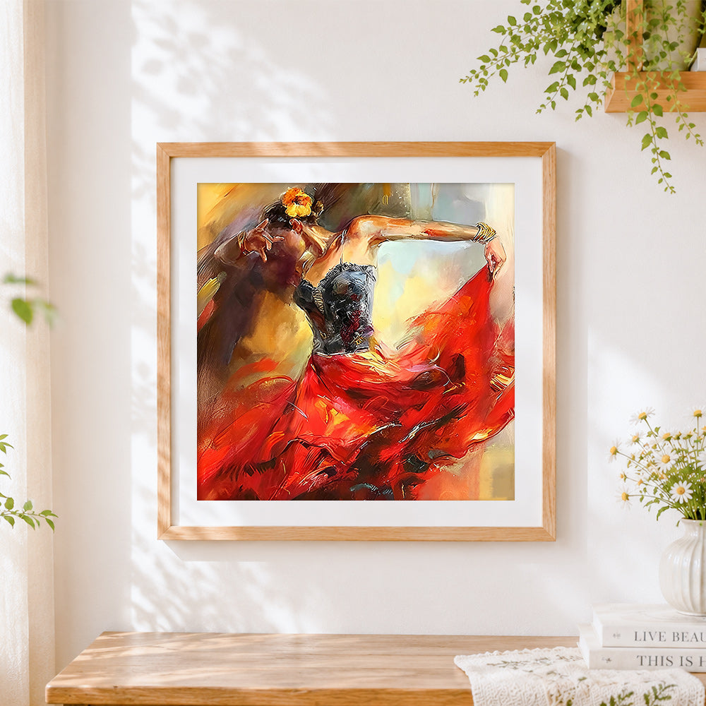 Finished flamenco dancer in red cross stitch artwork displayed