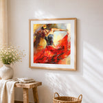 Flamenco dancer in red cross stitch artwork displayed on wall as home decor