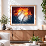 Finished flaming baseball with water splash paint by numbers artwork displayed as home decor