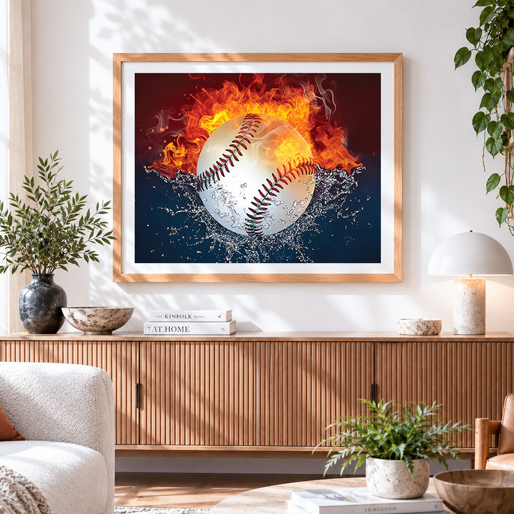 Finished flaming baseball with water splash paint by numbers artwork displayed as home decor