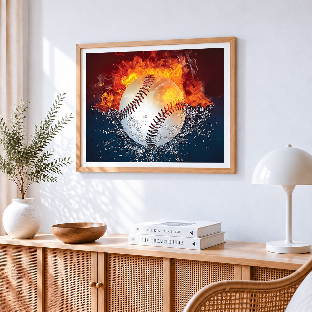 Flaming baseball with water splash paint by numbers artwork displayed on wall as home decor