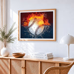 Flaming baseball with water splash paint by numbers artwork displayed on wall as home decor