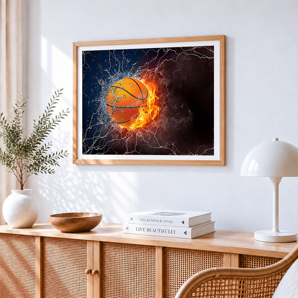 Flaming basketball with water splash cross stitch artwork displayed on wall as home decor
