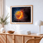 Flaming basketball with water splash cross stitch artwork displayed on wall as home decor