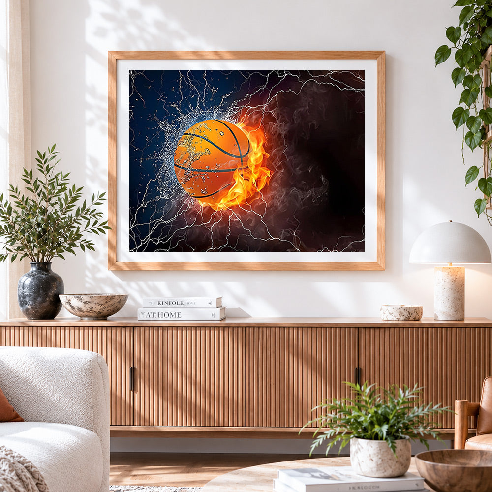 Finished flaming basketball with water splash paint by numbers artwork displayed as home decor