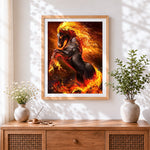 Finished flaming fire horse cross stitch artwork displayed