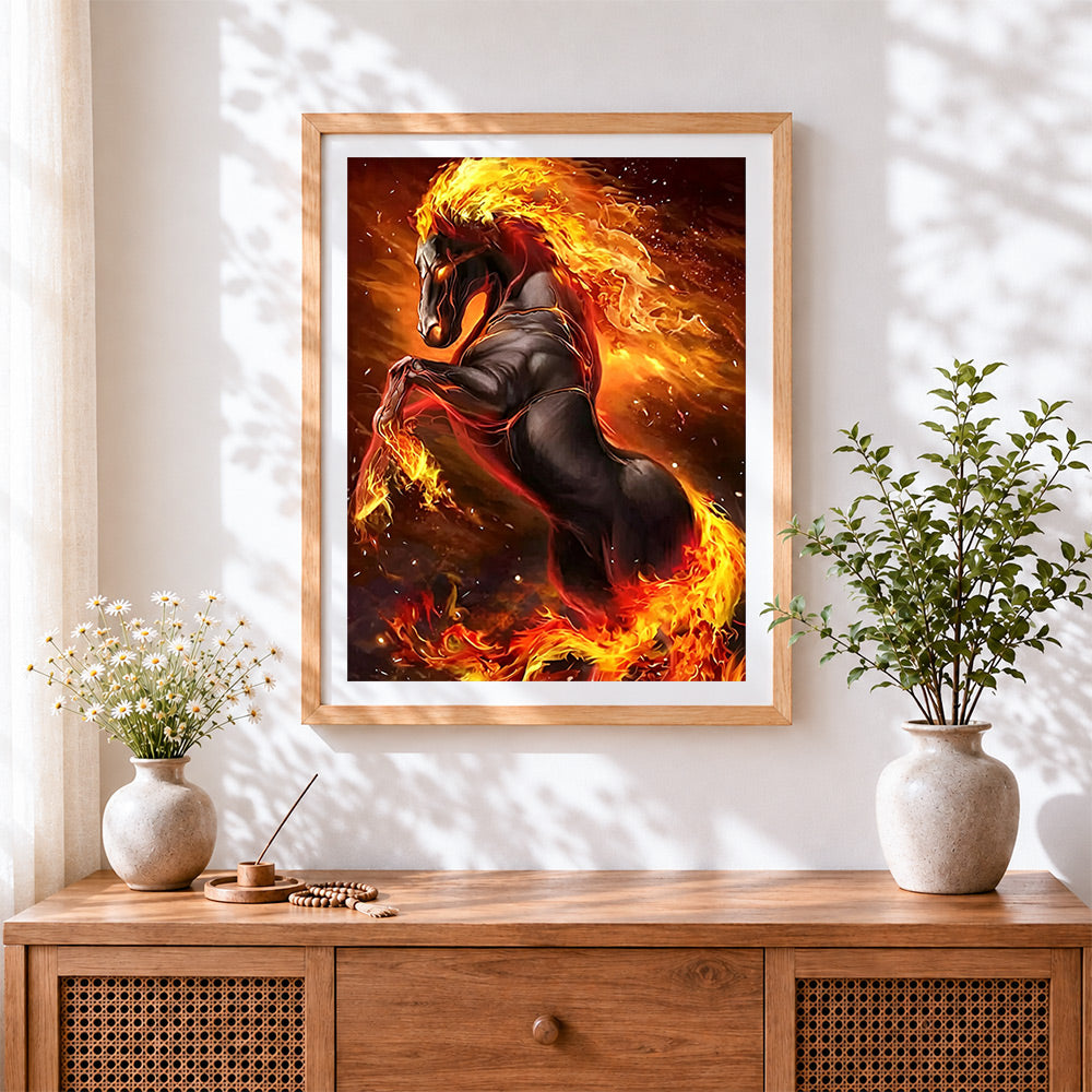 Finished flaming fire horse cross stitch artwork displayed