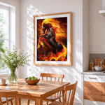 Flaming fire horse cross stitch artwork displayed on wall as home decor