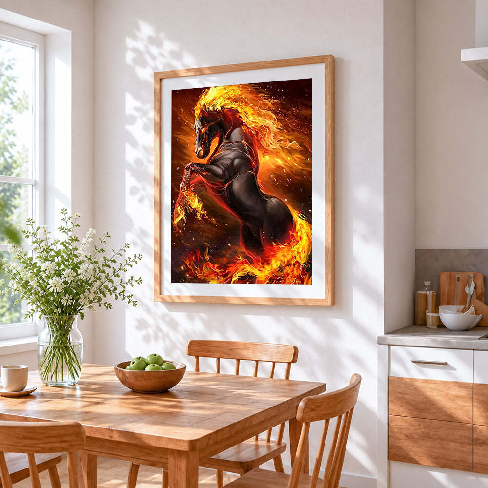 Flaming fire horse cross stitch artwork displayed on wall as home decor