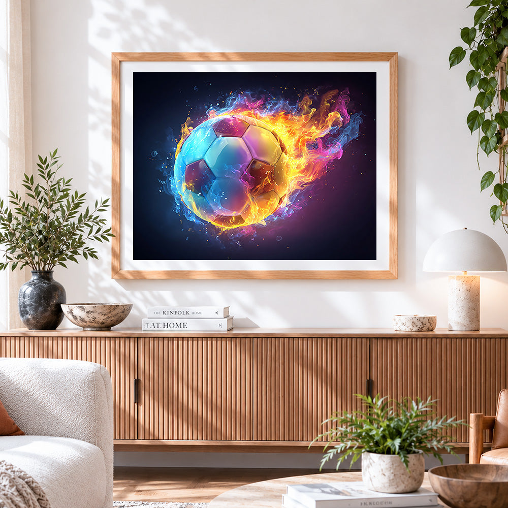 Finished flaming football paint by numbers artwork displayed as home decor