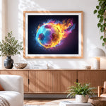 Finished flaming football paint by numbers artwork displayed as home decor