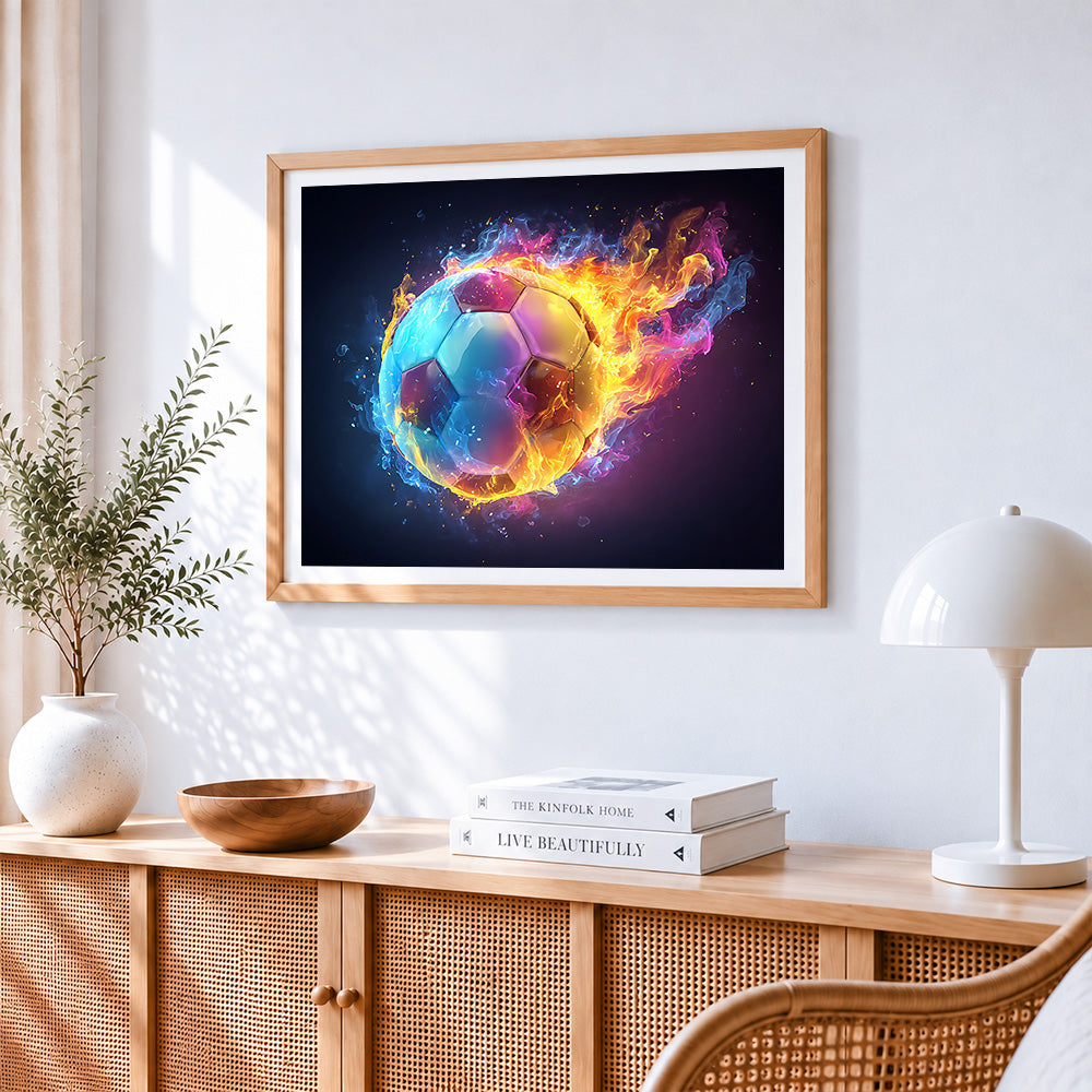 Flaming football paint by numbers artwork displayed on wall as home decor