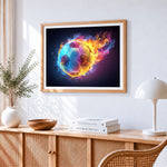 Flaming football paint by numbers artwork displayed on wall as home decor
