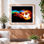 Finished flaming football with colourful smoke paint by numbers artwork displayed as home decor