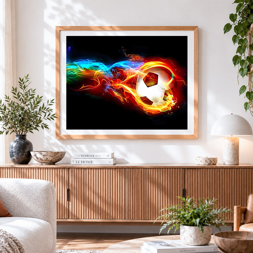Finished flaming football with colourful smoke paint by numbers artwork displayed as home decor