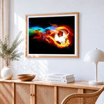Flaming football with colourful smoke paint by numbers artwork displayed on wall as home decor