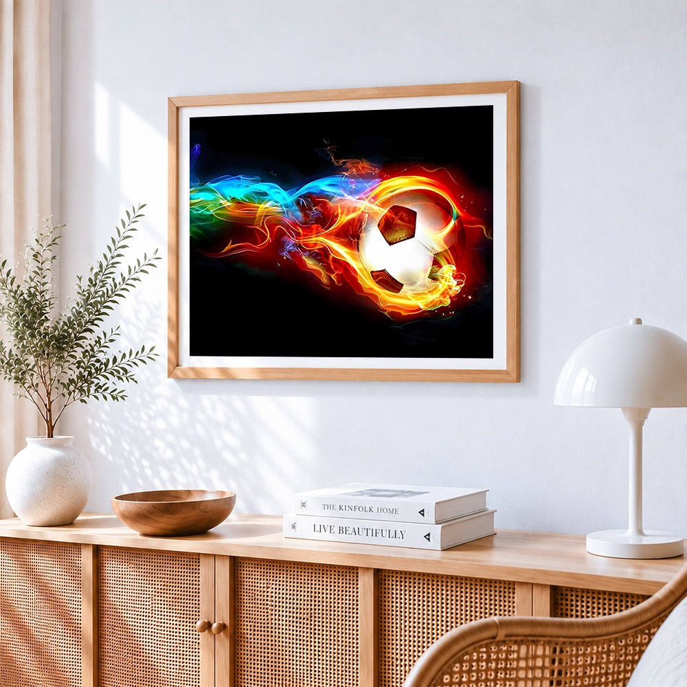 Flaming football with colourful smoke paint by numbers artwork displayed on wall as home decor