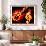 Finished flaming guitar and treble clef paint by numbers artwork displayed as home decor