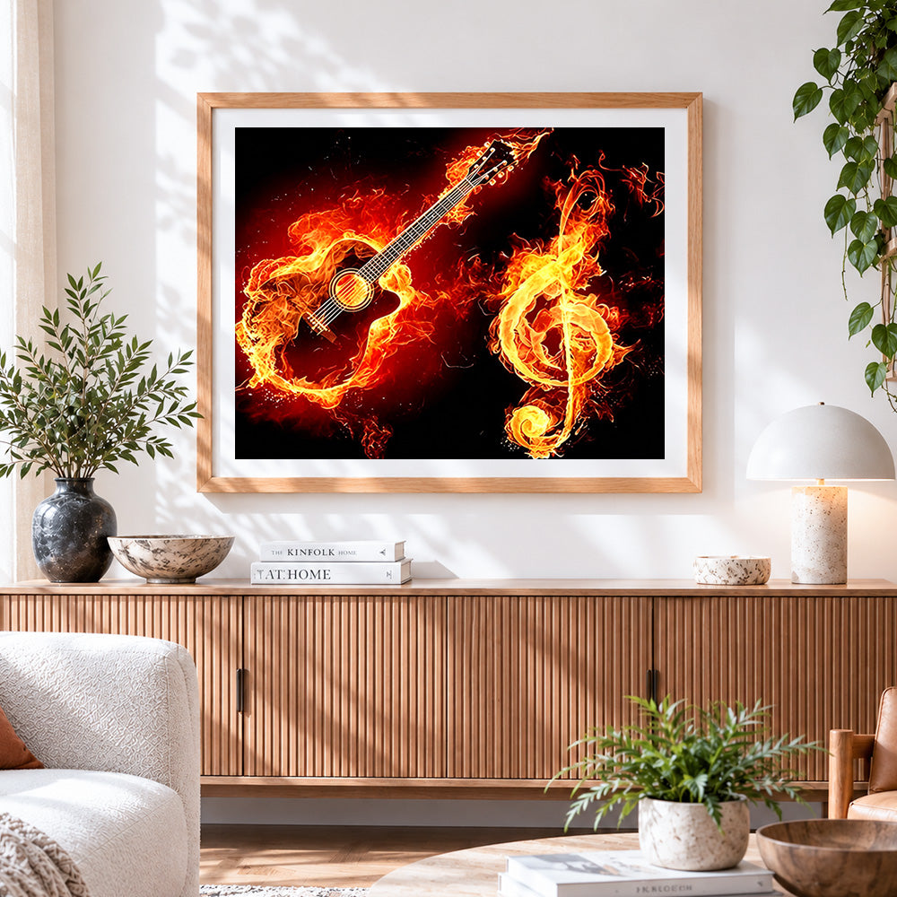 Finished flaming guitar and treble clef paint by numbers artwork displayed as home decor