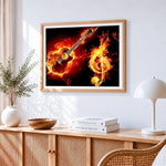 Flaming guitar and treble clef paint by numbers artwork displayed on wall as home decor