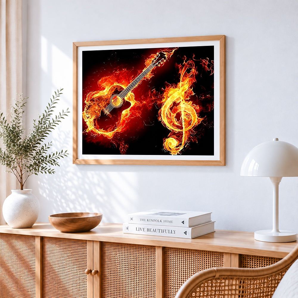 Flaming guitar and treble clef paint by numbers artwork displayed on wall as home decor