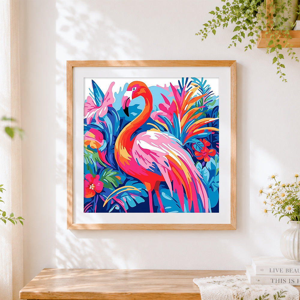 Finished flamingo in a tropical garden cross stitch artwork displayed
