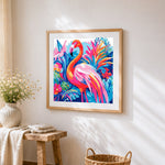 Flamingo in a tropical garden cross stitch artwork displayed on wall as home decor