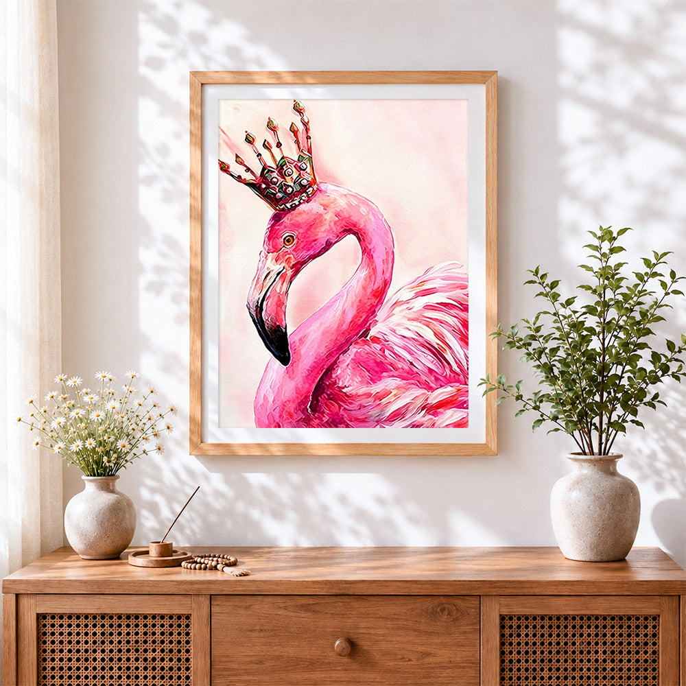 Finished flamingo with crown cross stitch artwork displayed