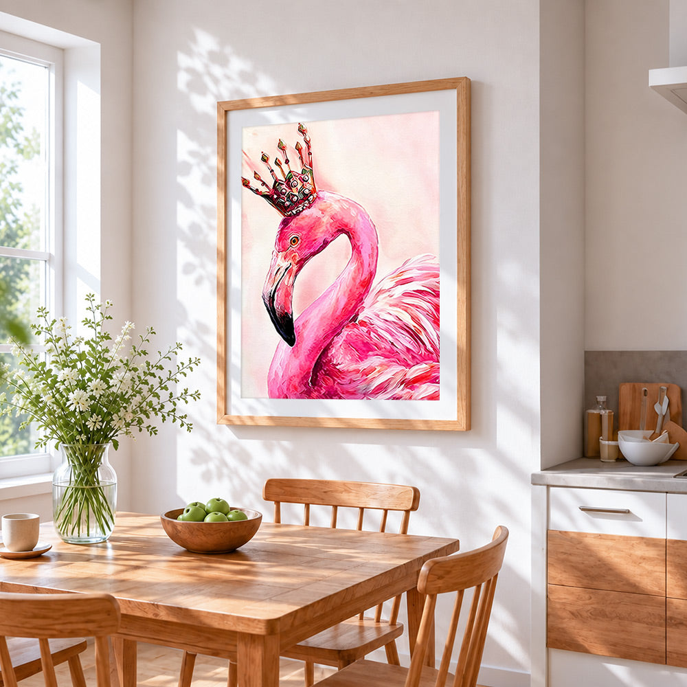 Flamingo with crown cross stitch artwork displayed on wall as home decor