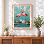 Finished flamingos and water lilies cross stitch artwork displayed