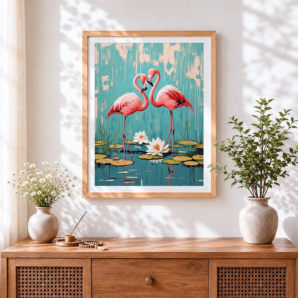Finished flamingos and water lilies cross stitch artwork displayed