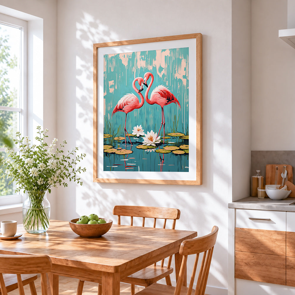 Flamingos and water lilies cross stitch artwork displayed on wall as home decor