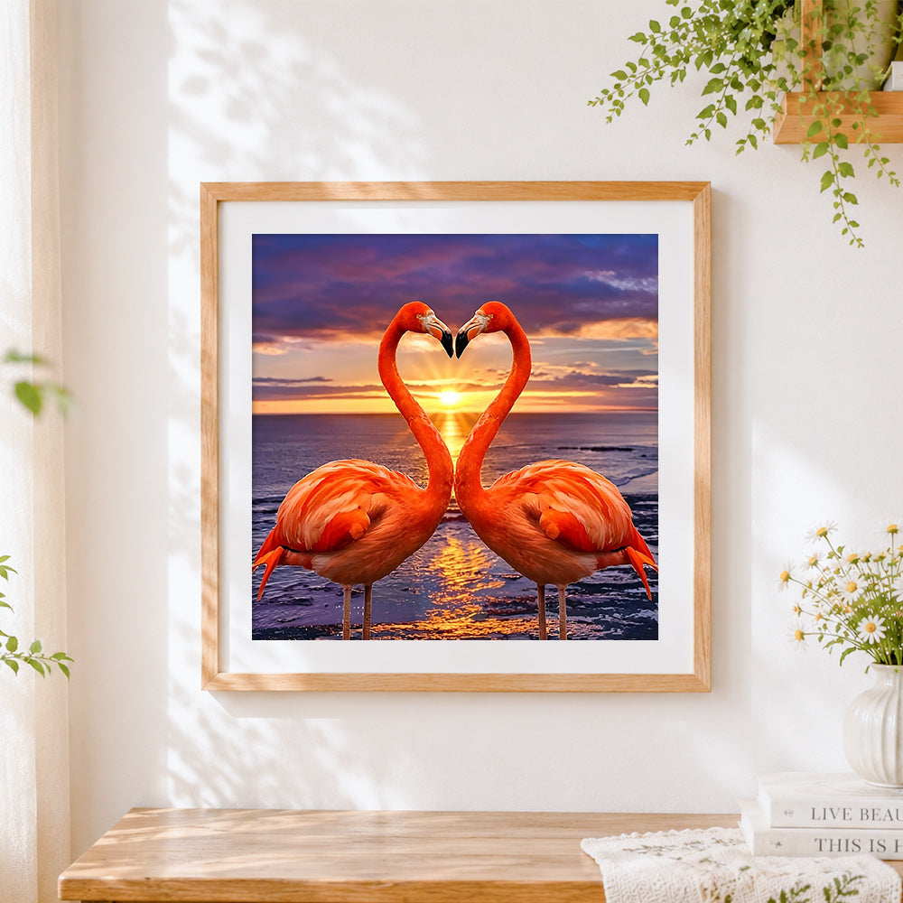 Finished flamingos forming a heart at sunset paint by numbers artwork displayed as home decor